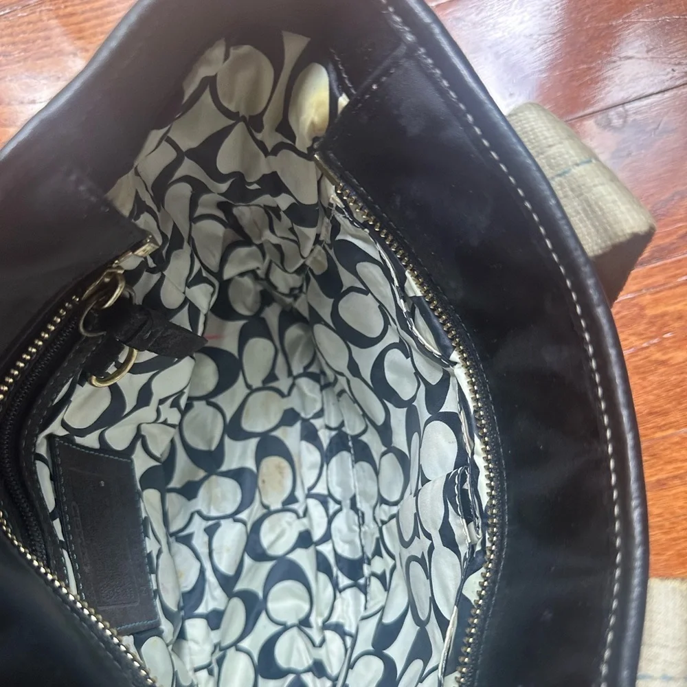Coach Black Tote with Cream Canvas Handles and Teal Charm